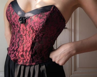 Vintage 1990 Rosy Paris Pointed Lace Bustier French Lingerie Wine Red Corset