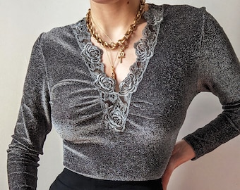 RARE Malizia by La Perla silver lurex roses embroidery bodysuit M
