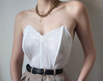 DEADSTOCK raro algodón puro bordado bustier italiano verano vintage 1990 S/M