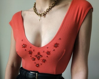 DEADSTOCK vintage luxe Le Donne di Piera corail perles été body coton XS