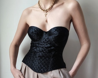 DEADSTOCK italian designer quilted satin bustier pointy gothic black 34US