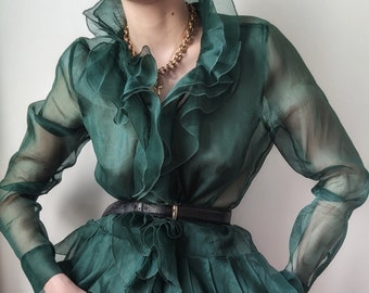 SUPER RARE vintage designer silk organza green effles dramatic emerald green S