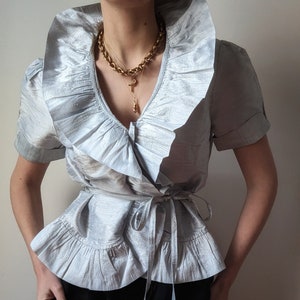 SUPER RARE Designer Raw Silk Pearl Grey Ruffles Shirt