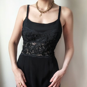 RARE vintage Uzanel Paris long evening black gown lace embroidery M