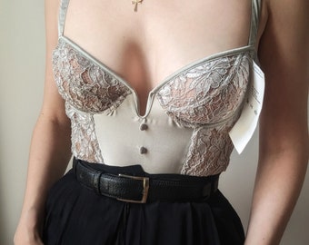 DEADSTOCK french boutique vintage pearl grey lace bustier 34