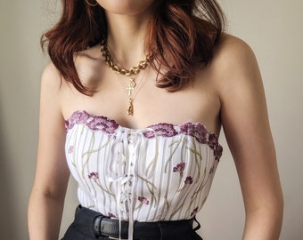 RARE vintage Simone Pérèle flores bordadas bustier con cordones romántico M