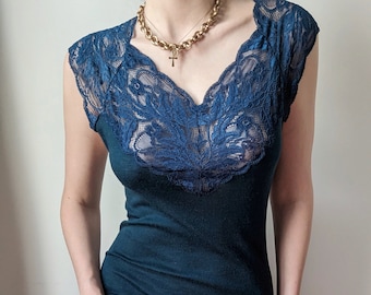 RARE vintage virgin wool and lace duck blue lingerie top M