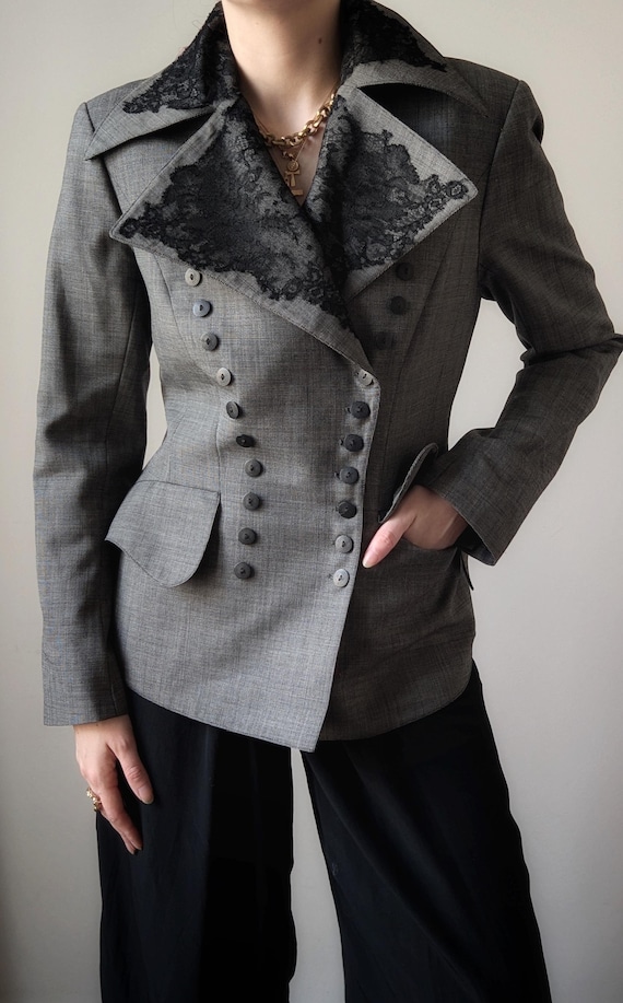 60s 希少 Euro Vintage ラバージャケット ARCHIVE Lolita Lempicka Paris Runway 1998 Black and Grey Lace