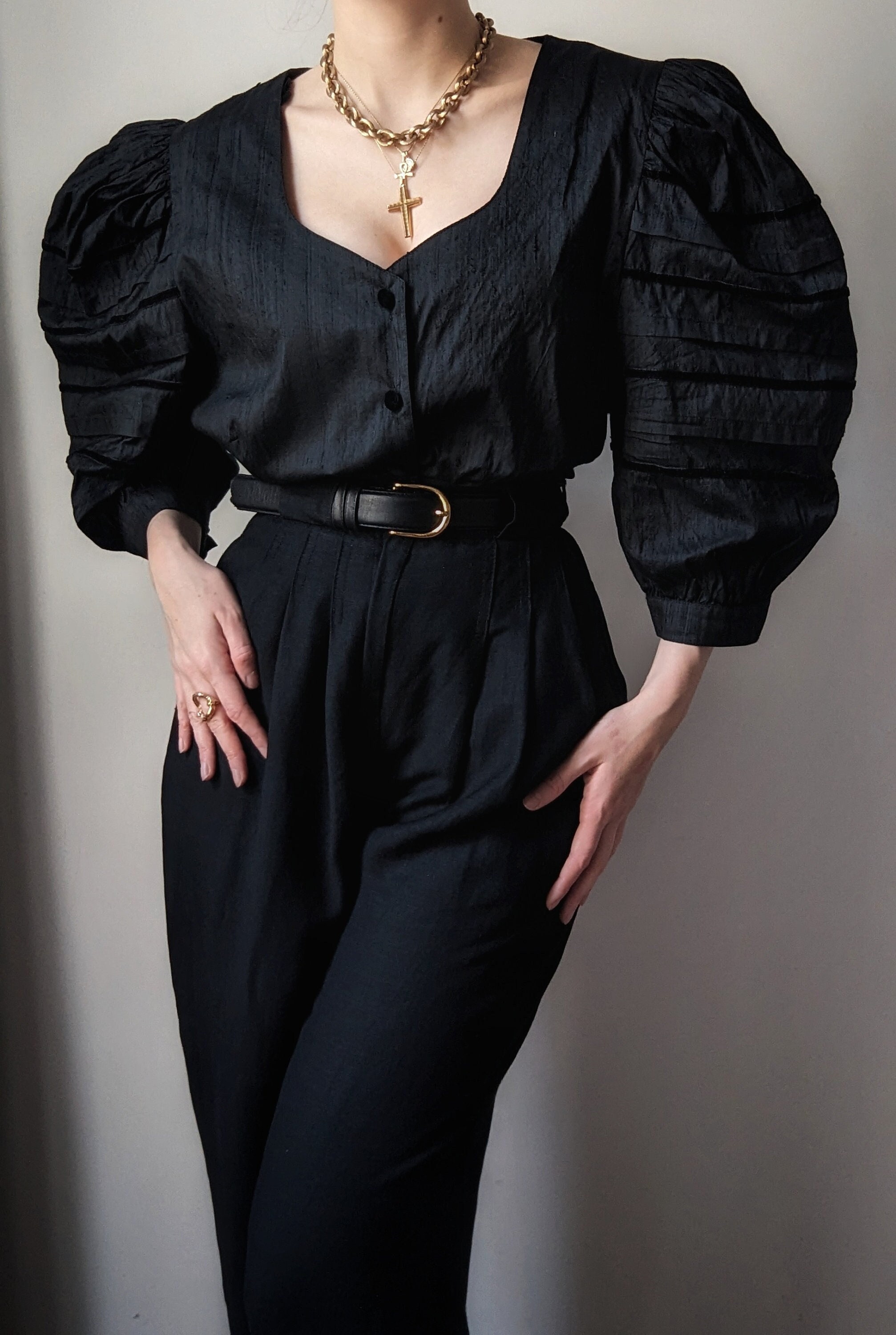 SUPER RARE handmade raw silk and velvet black blouse extravaganza balloons sleeves L