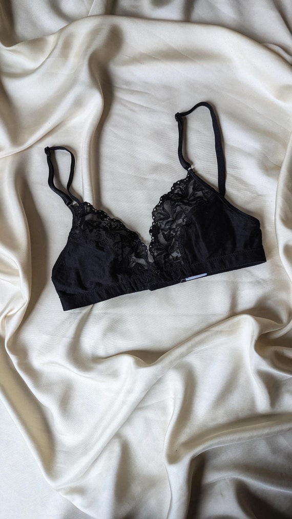 RARE 1990 Hanro pure black cotton bra with lace detai… - Gem
