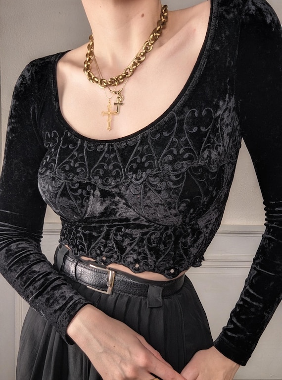 RARE vintage Etincelle Couture 90's velvet embroidery gothic crop top XS