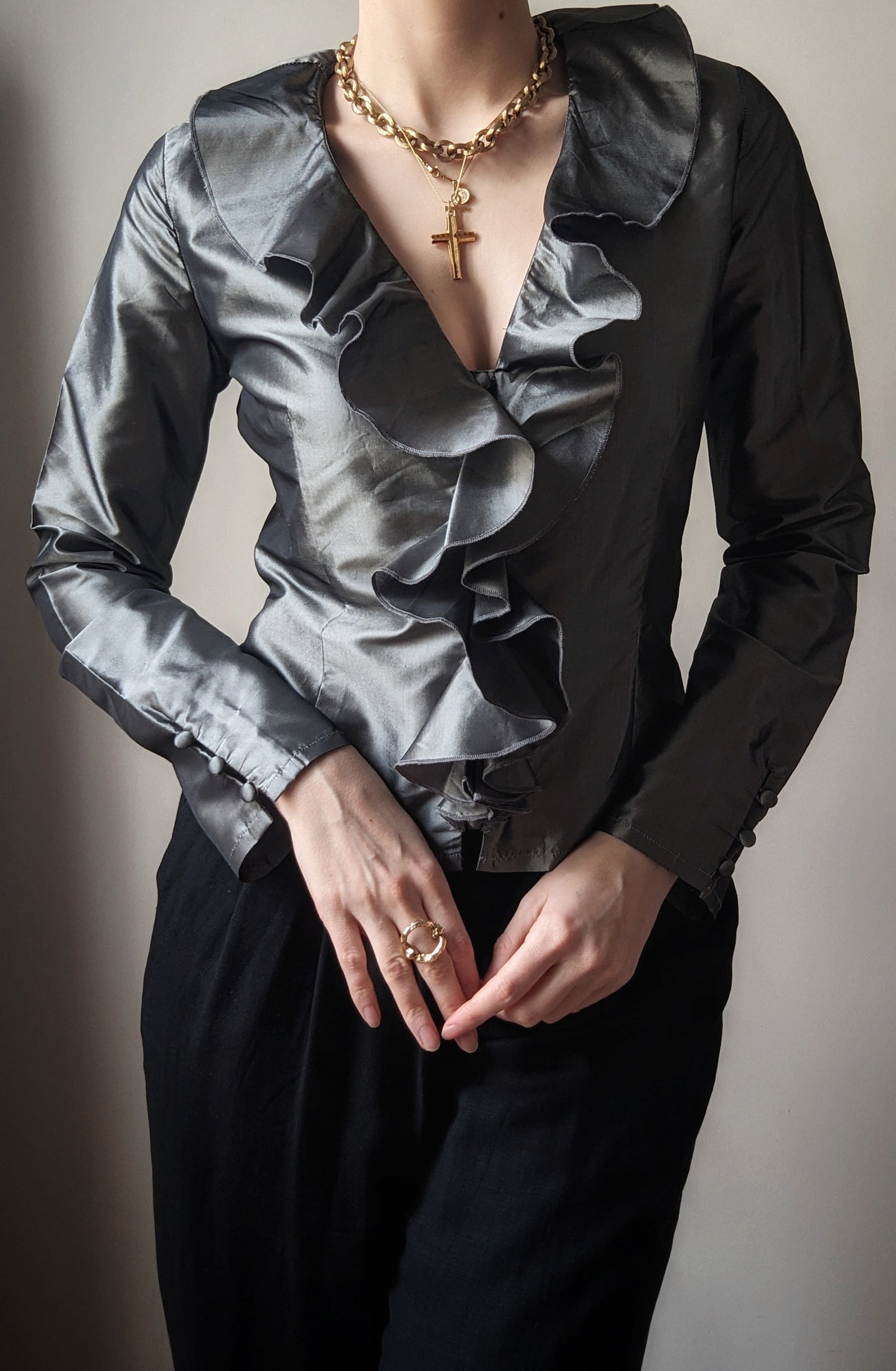 Silver Dust Ruffle RARE Pure Taffeta Silk Silver Ruffles Romantic Shirt - Etsy