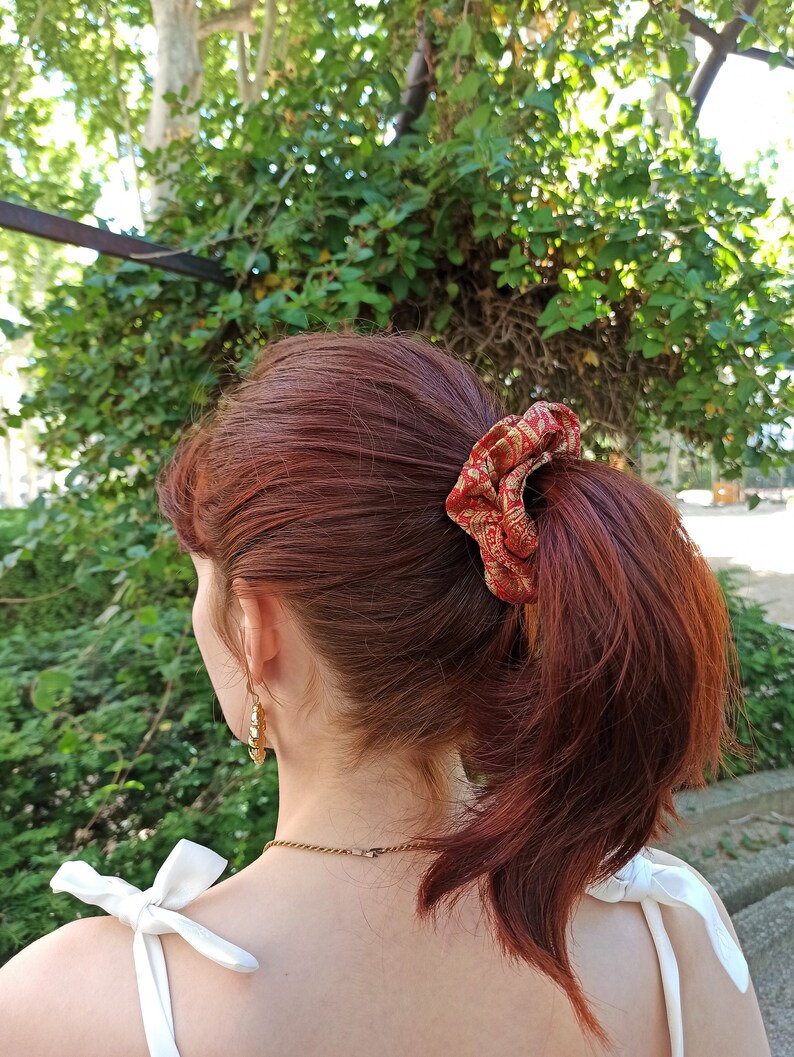 Scrunchie wild silk asia embroided gold and red