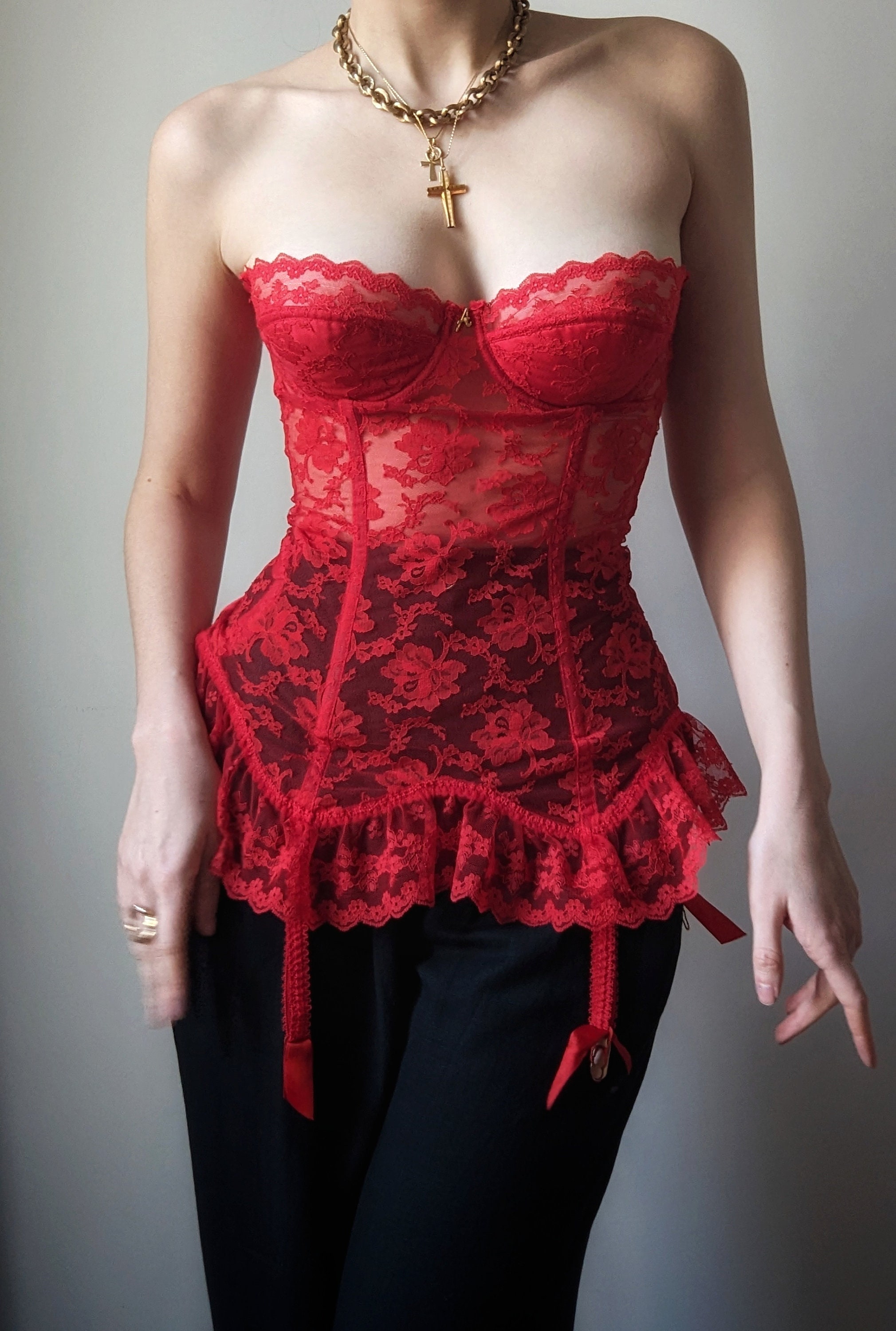 SUPER RARE Vintage 1980s Antinéa Paris Red Lace Bustier Garter 