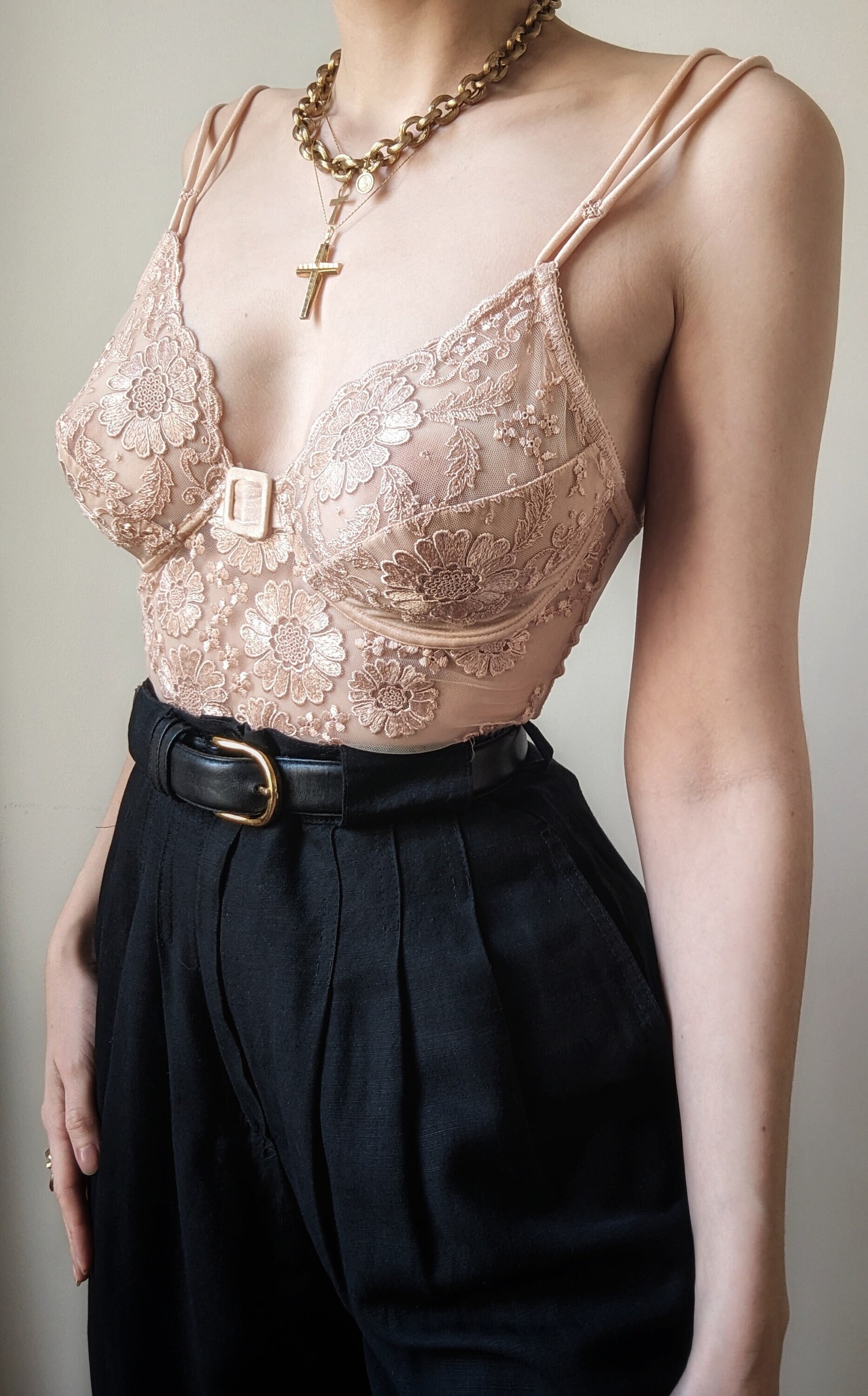 SUPER RARE vintage 1980 La Perla lace transparent flowers embroidery bodysuit 36