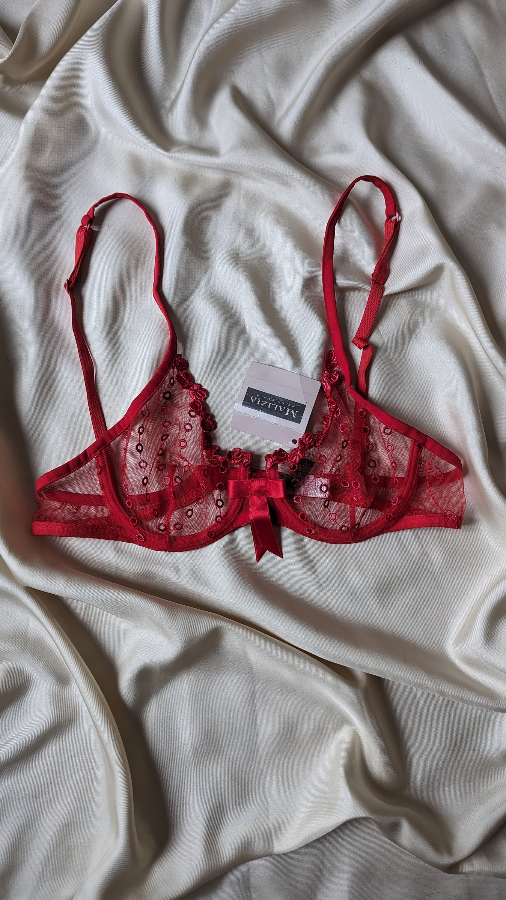 Malizia by La Perla Vintage Sheer Red Bra Embroidered Italian