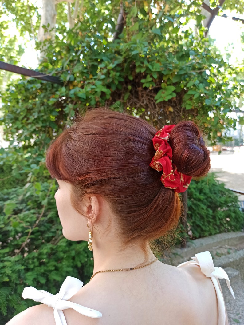 Scrunchie wild silk asia embroided gold and red
