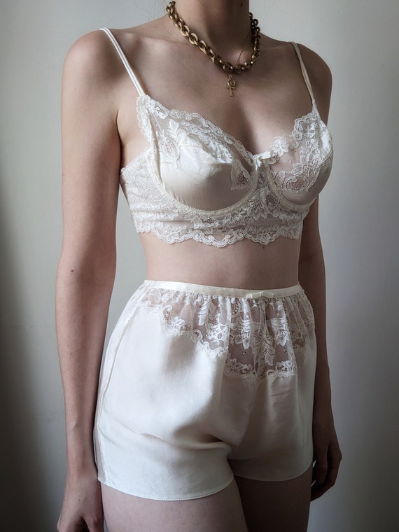 SUPER RARE french ivory lace silk set bra and sho… - image 6