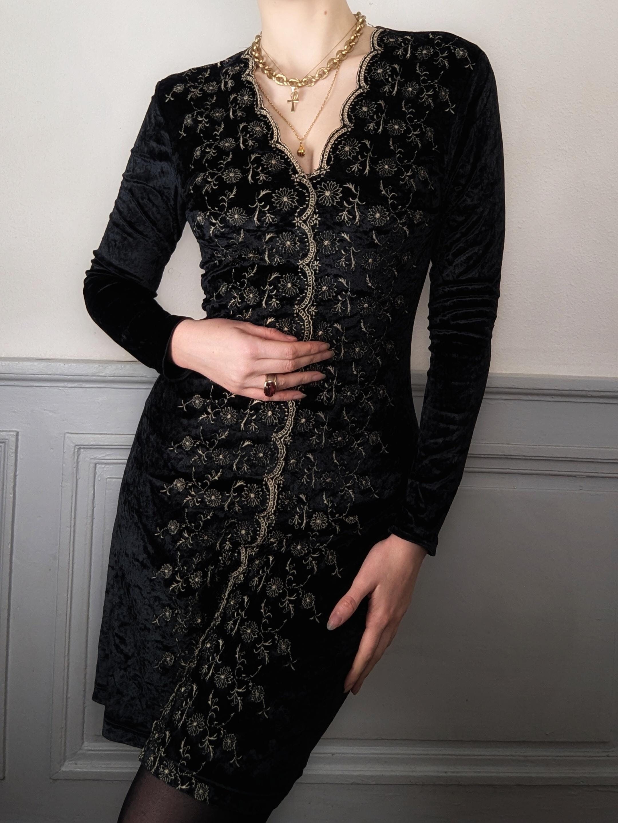 RARE Vintage Sagaie Paris Black Velvet Embroidery Gothic