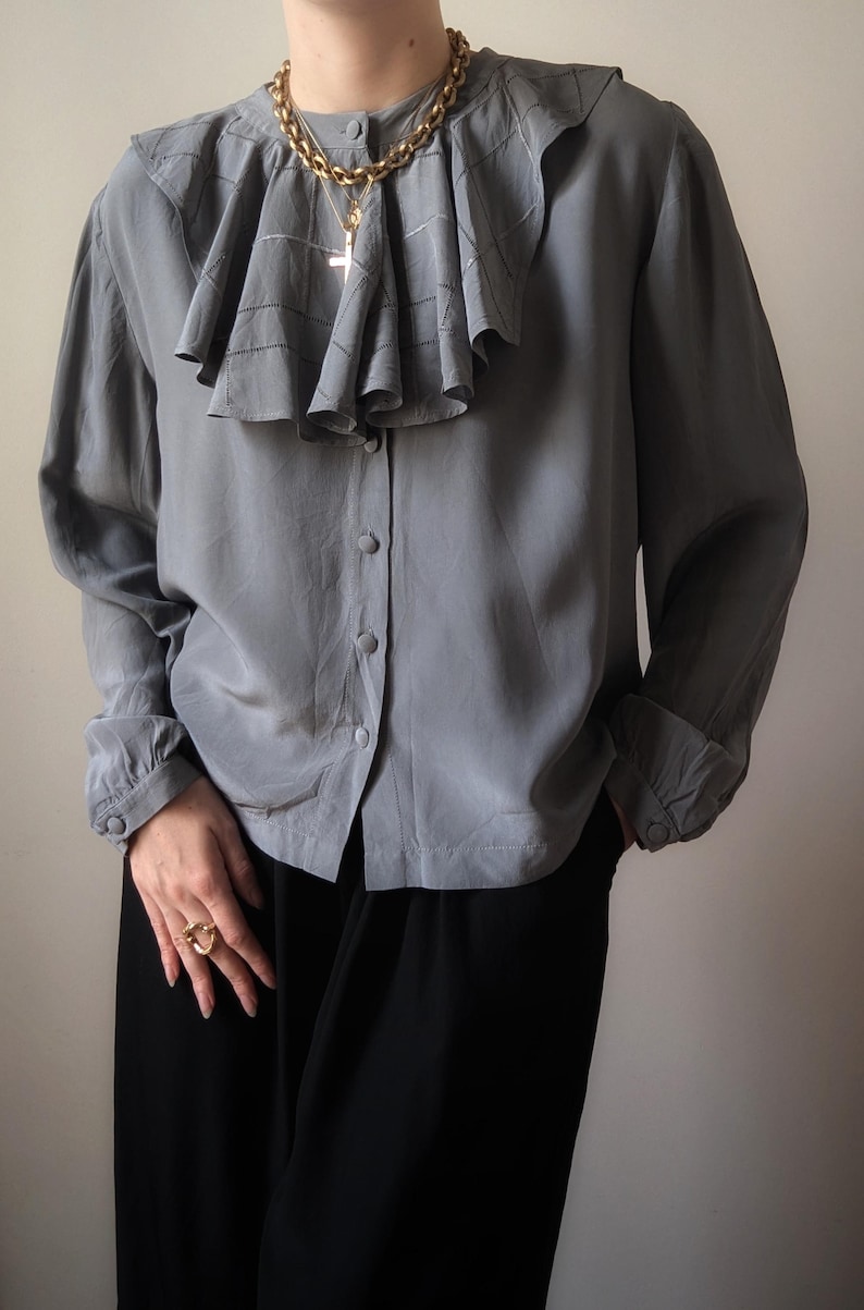 Subtle Ruffle SUPER RARE 1970 Emmanuelle Khanh Vintage Grey Silk Ruffle Blouse Grey ...