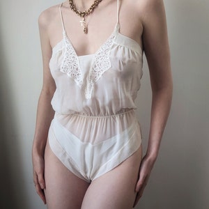 DEADSTOCK super raro chiffon seda body de casamento transparente bordado S