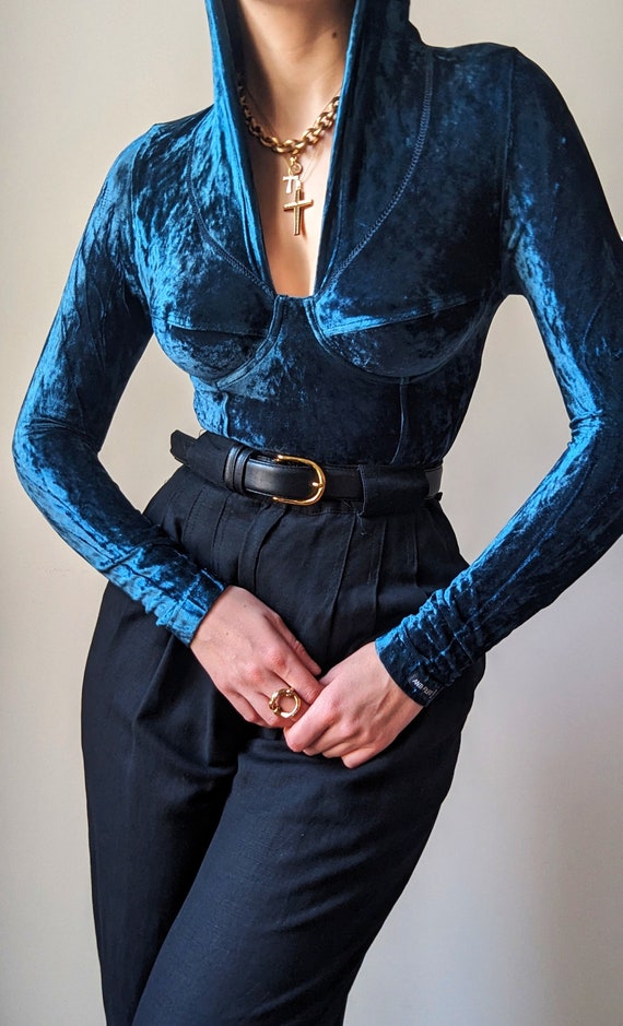 ICONIC Vintage Hooded Velvet Blue Corset Bodysuit Anti-flirt Paris 32 -   Canada