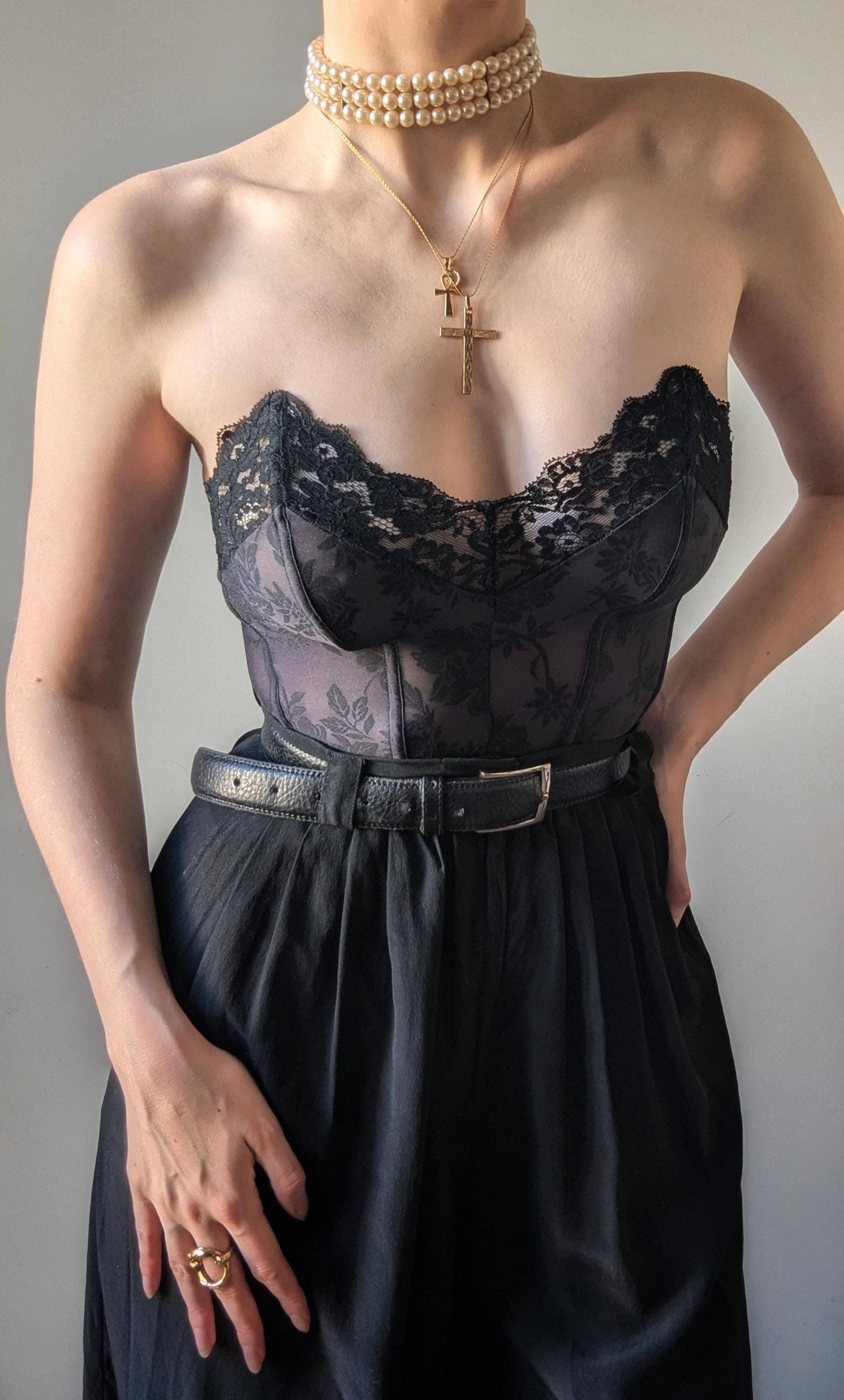 LA PERLA ラペルラ　レースビスチェ　ブラック SUPER RARE La Perla Vintage Black Lace Bustier Floral Print Goth