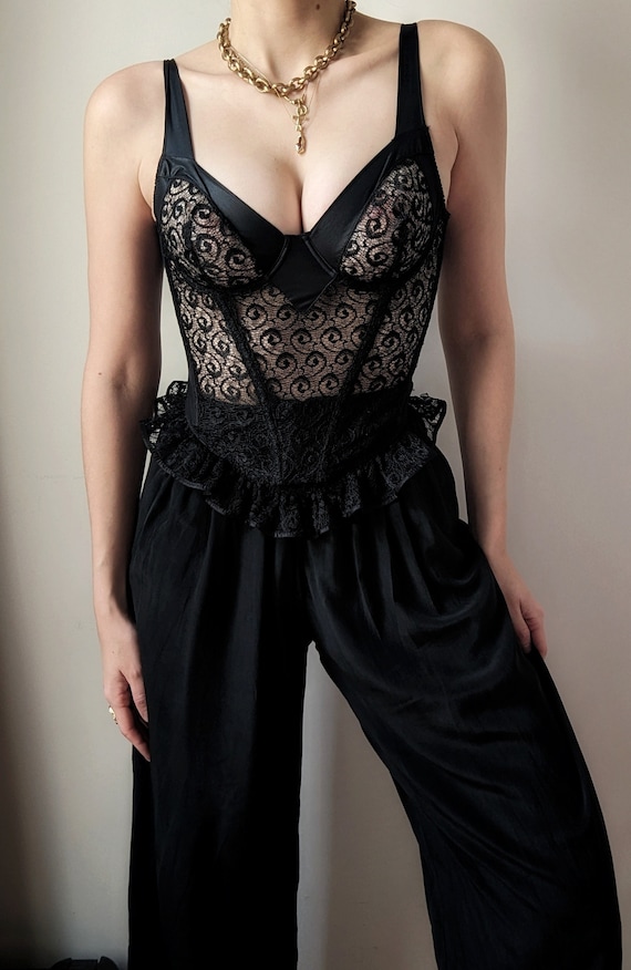RARE vintage french gothic bustier transparent lace black goth 34B