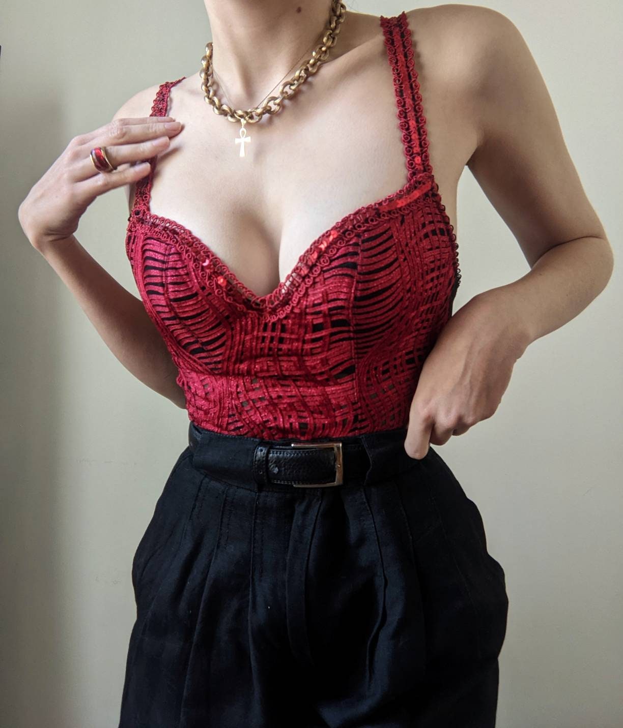 Seductive 80s Red Silk Corset S
