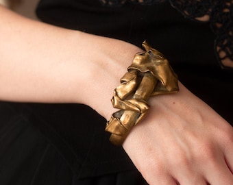 UNIQUE 1970 brutalist cuff bracelet abstract suclptural art in brass