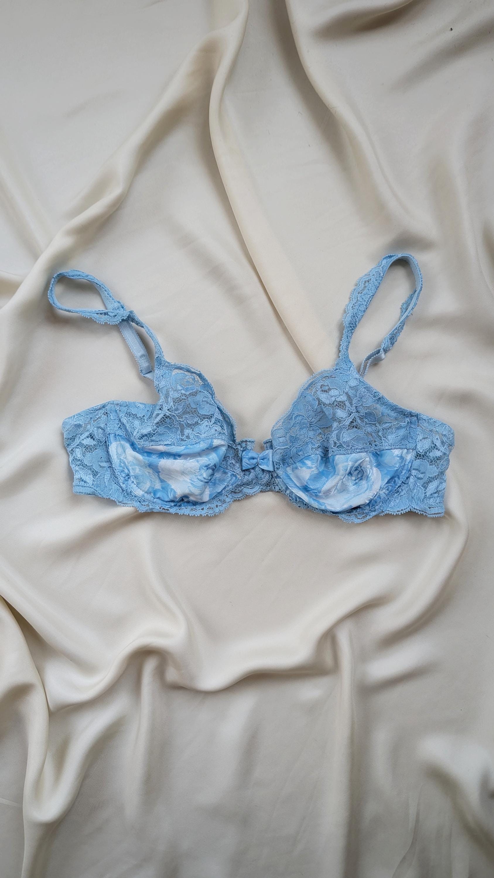 RARE Vintage Lise Charmel 1990 Bra Blue and White Cloud Roses Lace ...