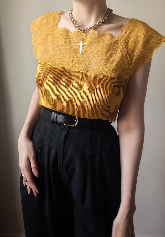 RARE vintage iconic 1988 La Perla pleated and lace gold yellow top M