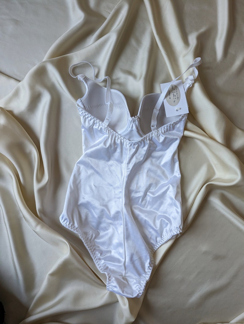 DEADSTOCK vintage bride bodysuit satin white lingerie lace 32B image 9