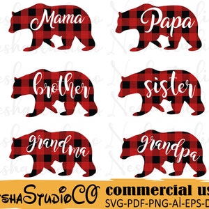 Famille d'ours svg, fichier de sublimation à carreaux ours buffle, ours de Noël SVG, svg de Noël, ours svg coupe fichier pour camée silhouette, cricut