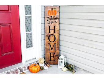 Bem-vindo à nossa placa de casa, bem-vindo à nossa placa de abóbora em casa, placa de outono, placa de varanda de outono, Halloween, varanda de abóbora mais magra, decoração fofa de outono