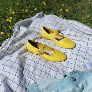 Yellow Leather Mary Jane Shoes - Women's Mary Janes - Handmade Vintage Shoes - Yellow Shoes - Leather Flats