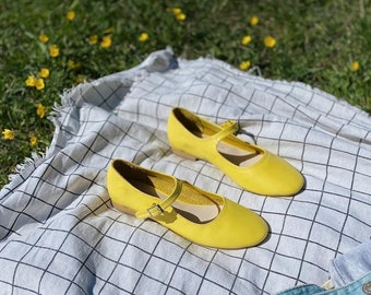 Yellow Leather Mary Jane Shoes - Women's Mary Janes - Handmade Vintage Shoes - Yellow Shoes - Leather Flats