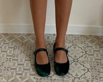 Green Velvet Mary Jane Shoes - Women's Mary Janes - Vintage Shoes - Dark Green Shoes - Velvet Flats