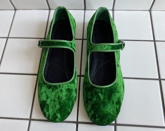 green velvet mary janes
