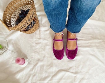 Lollipop Purple Velvet Mary Jane Shoes - Women's Mary Janes - Vintage Shoes - Handmade Purple Shoes - Velvet Flats