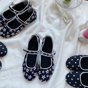 Stars Cotton Mary Jane Shoes - Women's Mary Janes - Handmade Vintage Shoes - Stars Printed Shoes - Cotton Flats