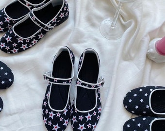 Stars Cotton Mary Jane Shoes - Women's Mary Janes - Handmade Vintage Shoes - Stars Printed Shoes - Cotton Flats