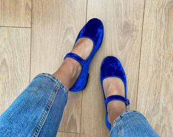 Blue Velvet Mary Jane Shoes - Women's Mary Janes - Vintage Shoes - Handmade Blue Shoes - Velvet Flats