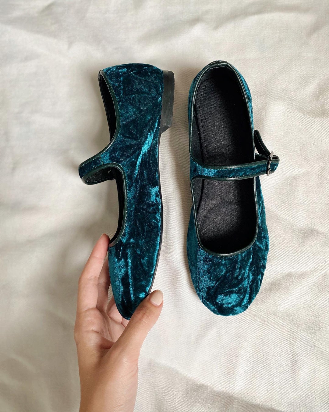 Bottle Green Velvet Mary Jane Shoes Women's Mary Janes Vintage Shoes