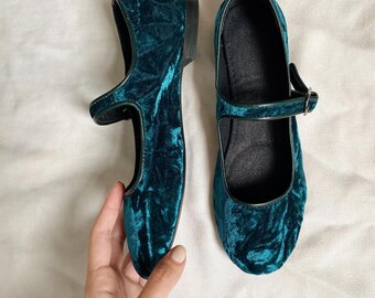 Bottle Green Velvet Mary Jane Shoes - Women's Mary Janes - Vintage Shoes - Bottle Green Shoes - Velvet Flats