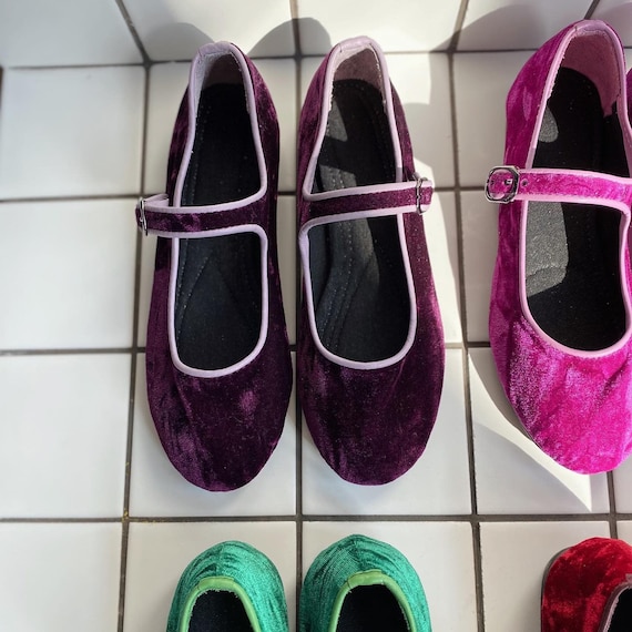 Zapatos Mary Jane de terciopelo morado Mary Janes de mujer Zapatos  vintage Zapatos morados hechos a mano Zapatos planos de terciopelo