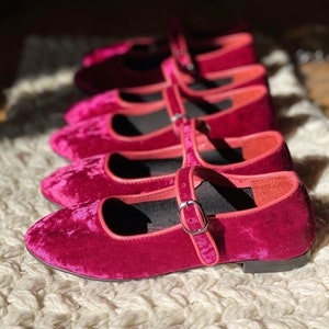 Pink Velvet Mary Jane Shoes - Girl&#39;s Mary Janes - Handmade Vintage Shoes - Dark Pink Shoes - Velvet Flats