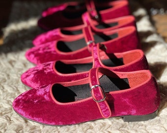 Pink Velvet Mary Jane Shoes - Girl's Mary Janes - Handmade Vintage Shoes - Dark Pink Shoes - Velvet Flats