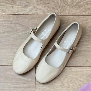 Beige Leather Mary Jane Shoes - Women's Mary Janes - Vintage Shoes - Beige Shoes - Leather Flats