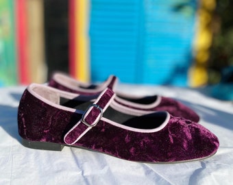 Purple Velvet Mary Jane Shoes - Women's Mary Janes - Vintage Shoes - Handmade Purple Shoes - Velvet Flats